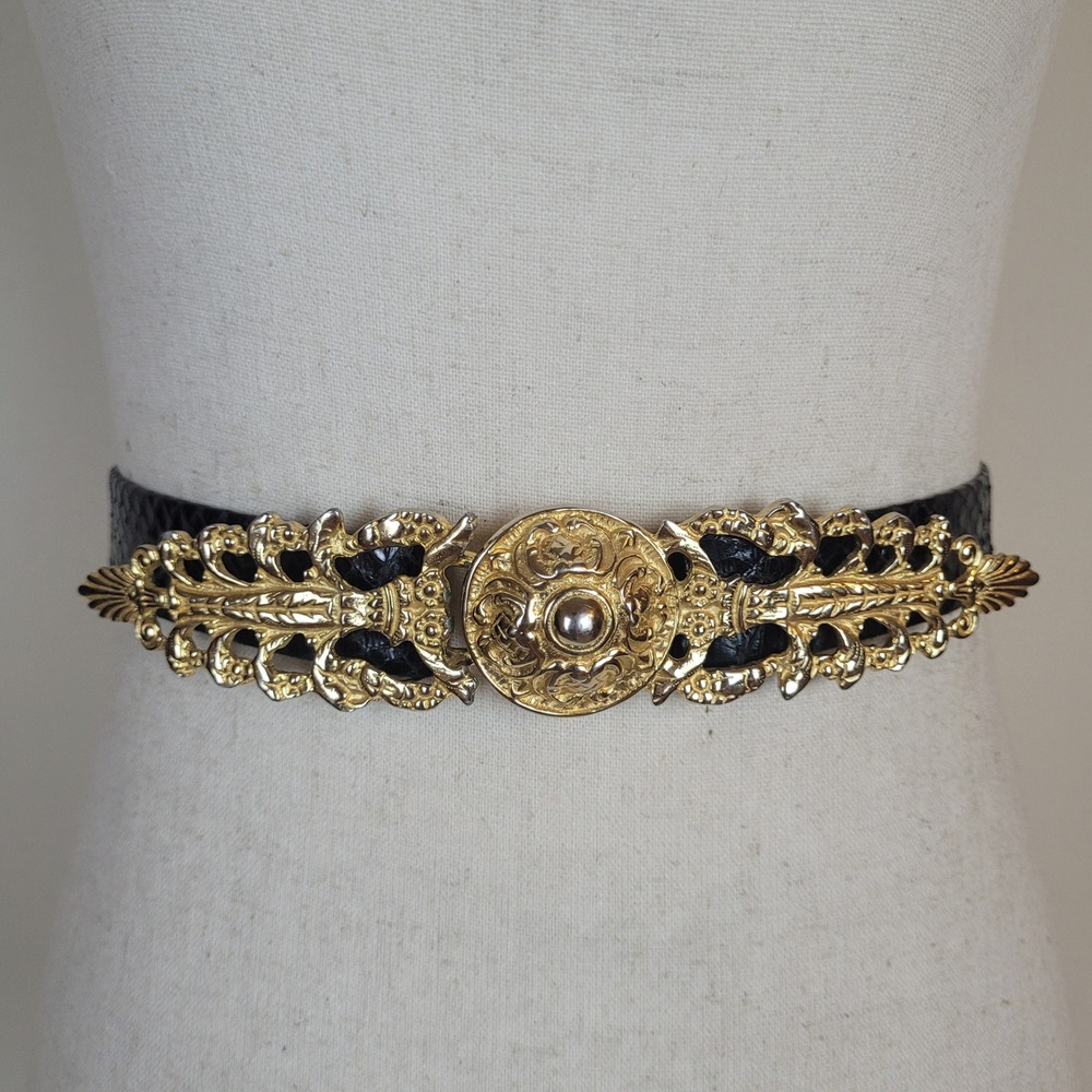 VTG Alexis Kirk Belt XS Black Leather Snakeskin Sculptural Statement Ornate Luxe